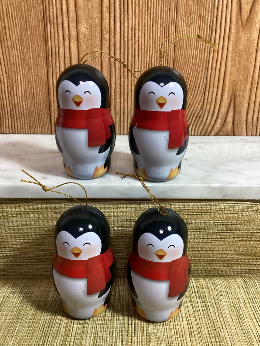 Vintage Bee International Red-Scarf Penguin Holiday Candy Tin Ornaments -